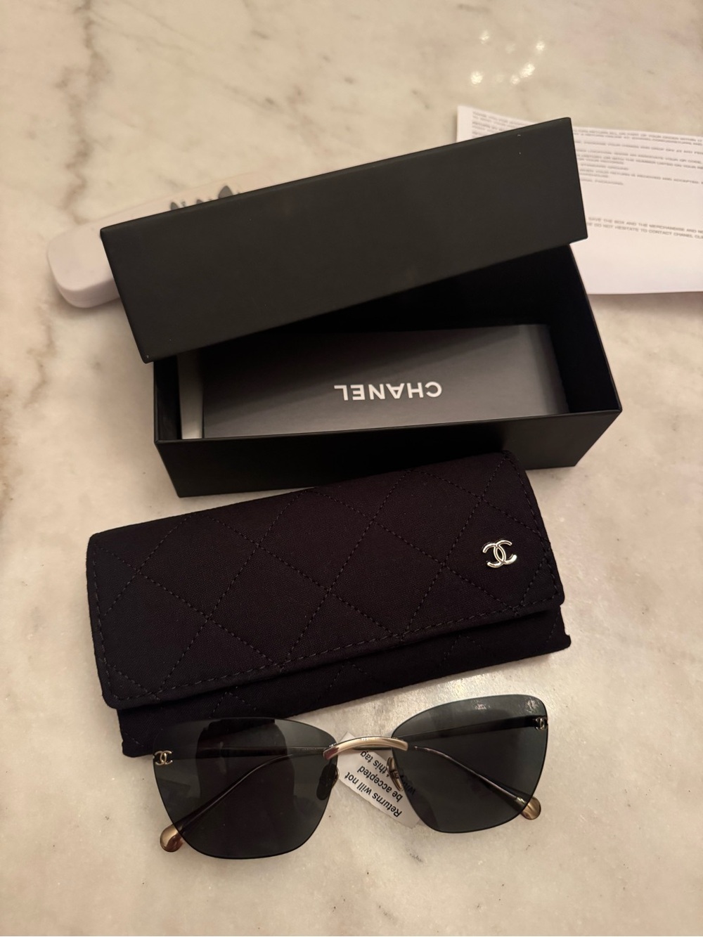 CHANEL Black Rimless Cat-Eye Sunglasses with Gold Accents - Picture 7 of 12